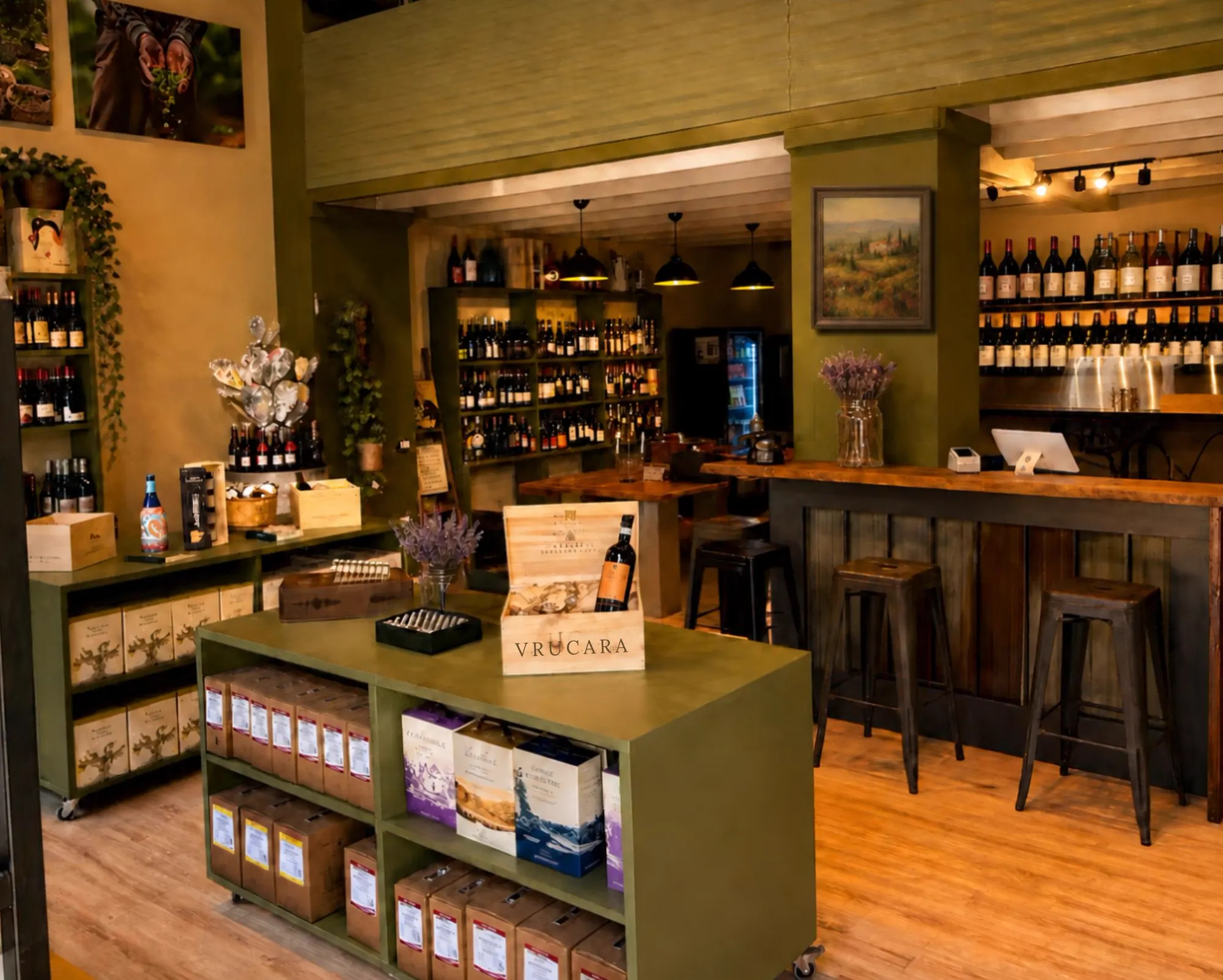 Il bancone del negozio, i vini bag-in-box e il bar